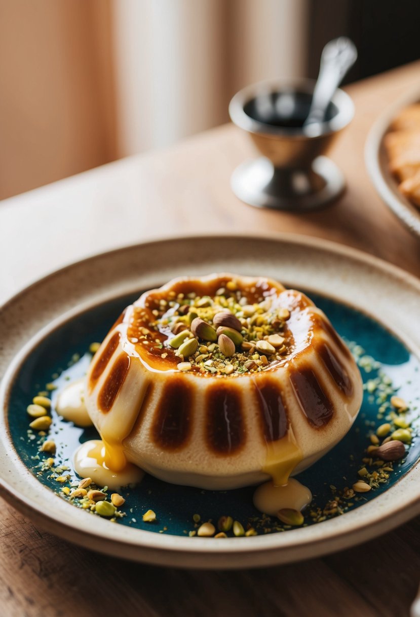 A sizzling, golden-brown künefe sits on a ceramic plate, oozing with melted cheese and syrup, topped with a sprinkle of crushed pistachios