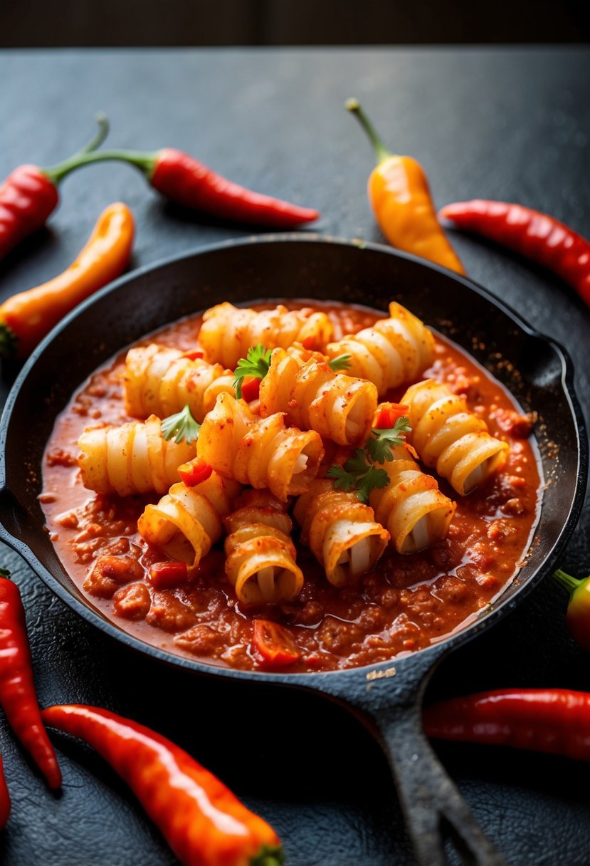 A skillet sizzling with calamari in spicy tomato sauce, surrounded by vibrant red chilis