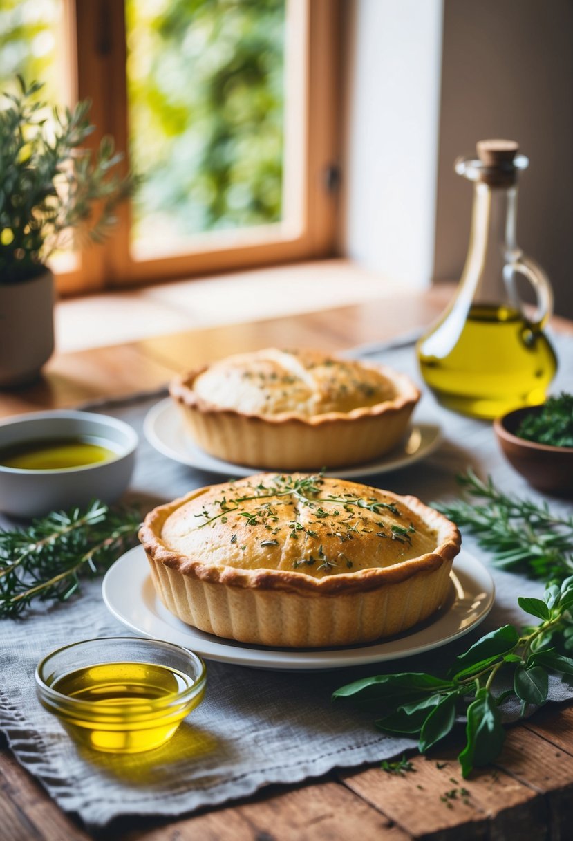 A rustic kitchen table set with freshly baked pide, a bowl of olive oil, and a sprig of fresh herbs