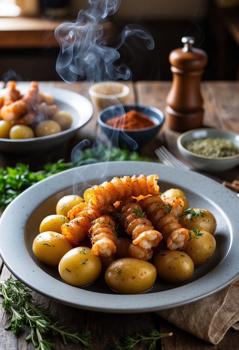 A rustic kitchen table with a steaming plate of calamari and potatoes, surrounded by Italian herbs and spices