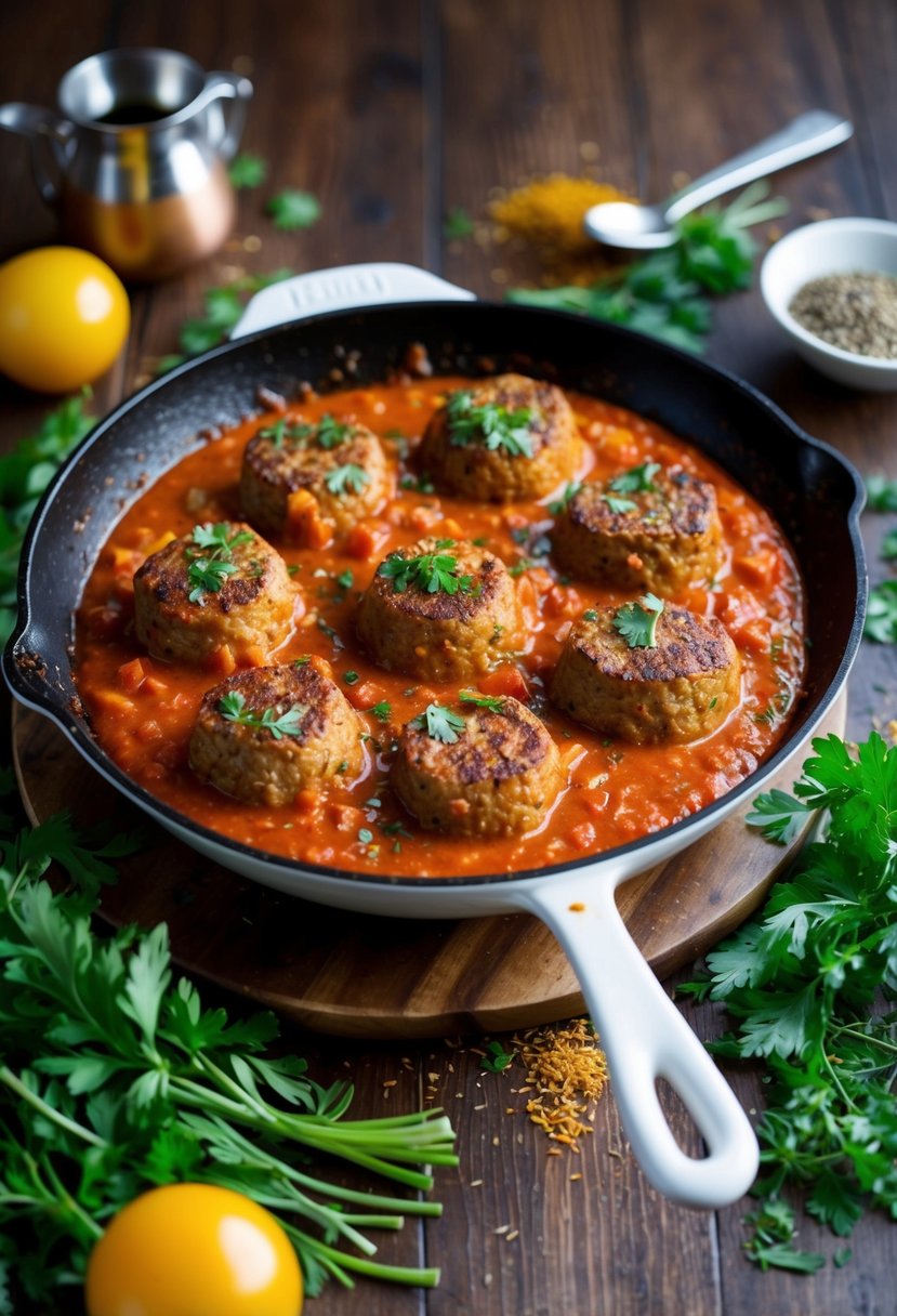 A sizzling skillet of Izmir Köfte in a rich tomato sauce, surrounded by fresh herbs and spices