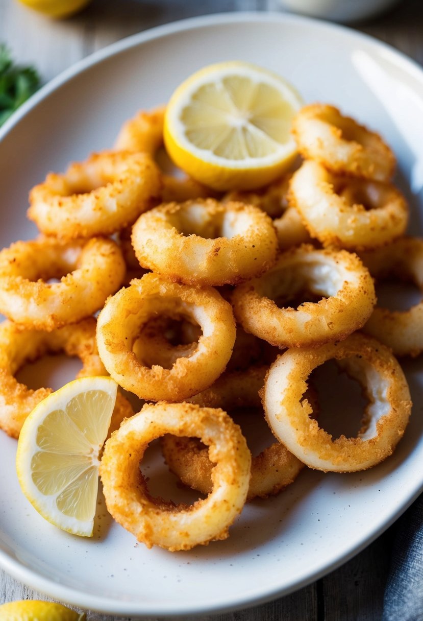 A plate of golden, crispy calamari rings, garnished with fresh lemon slices, on a white, ceramic dish