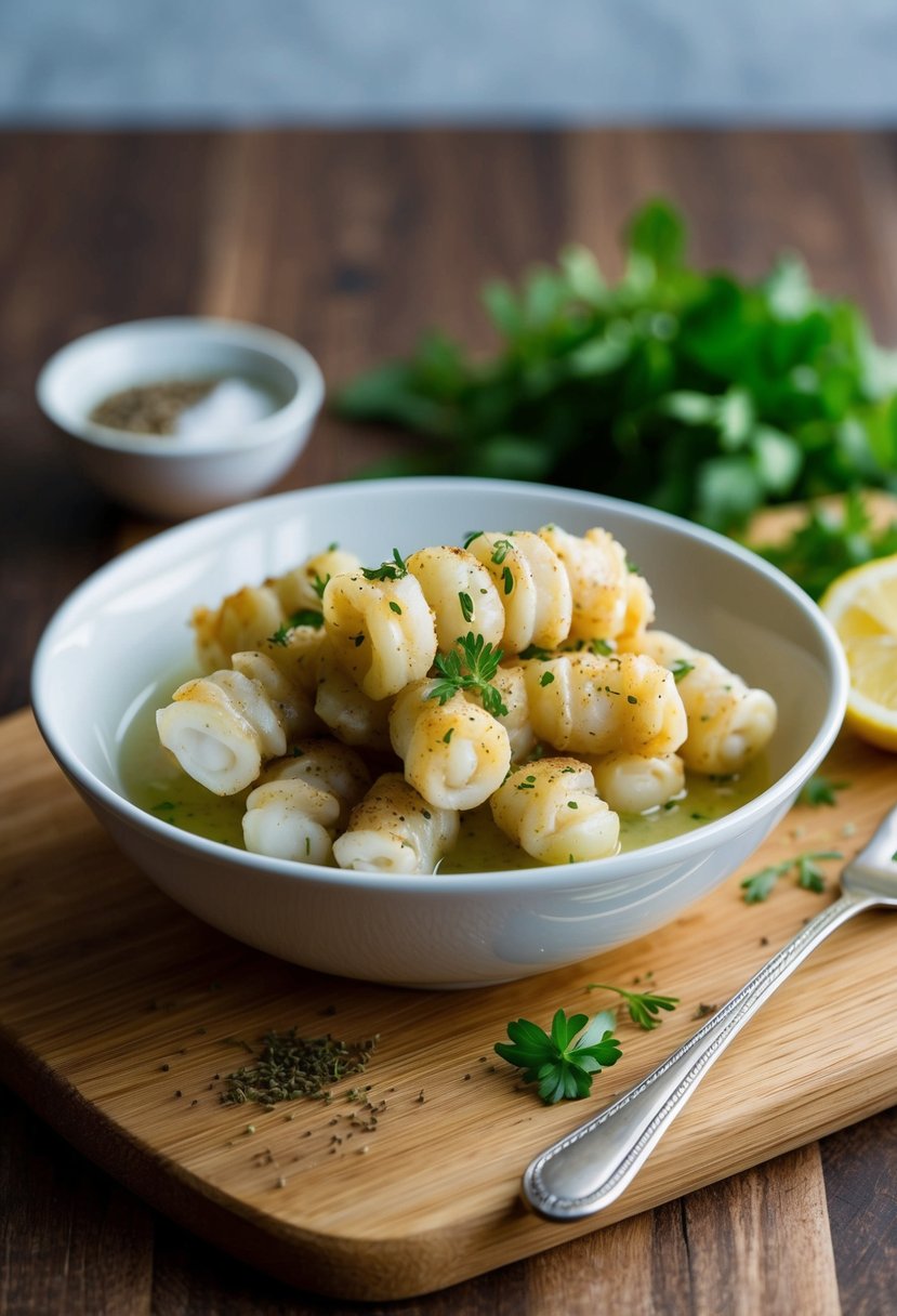 A bowl of buttermilk-soaked calamari with herbs and spices on a wooden cutting board