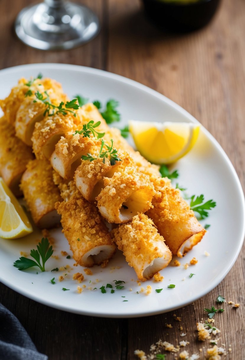 A plate of golden-brown calamari topped with crispy bread crumbs, served with a side of lemon wedges and garnished with fresh herbs