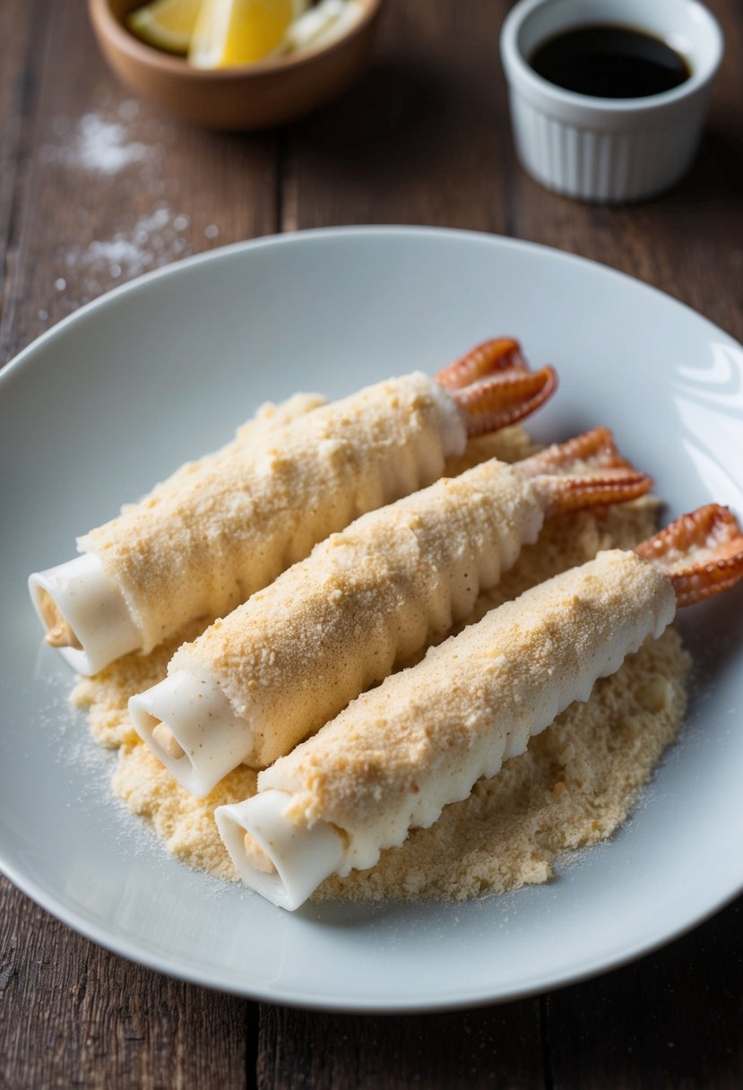 A plate of squid coated in seasoned flour, ready to be fried