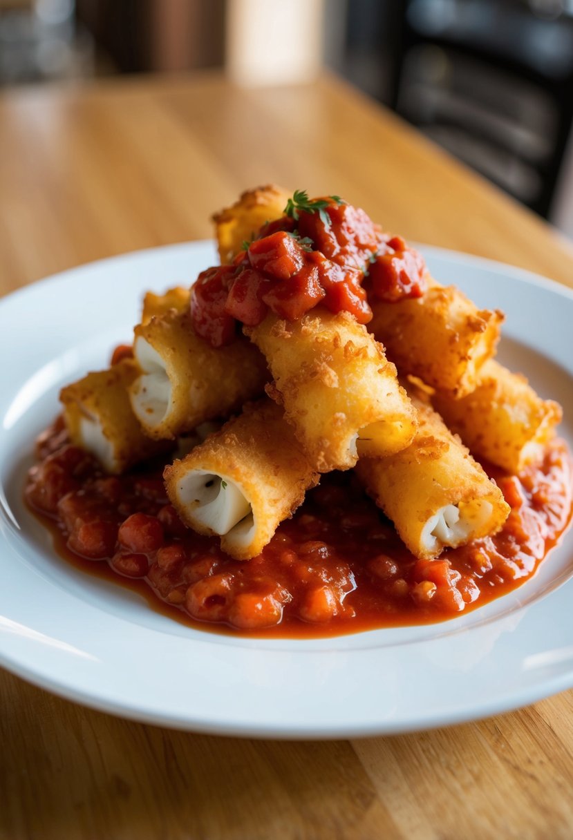 A plate of golden fried calamari topped with marinara sauce