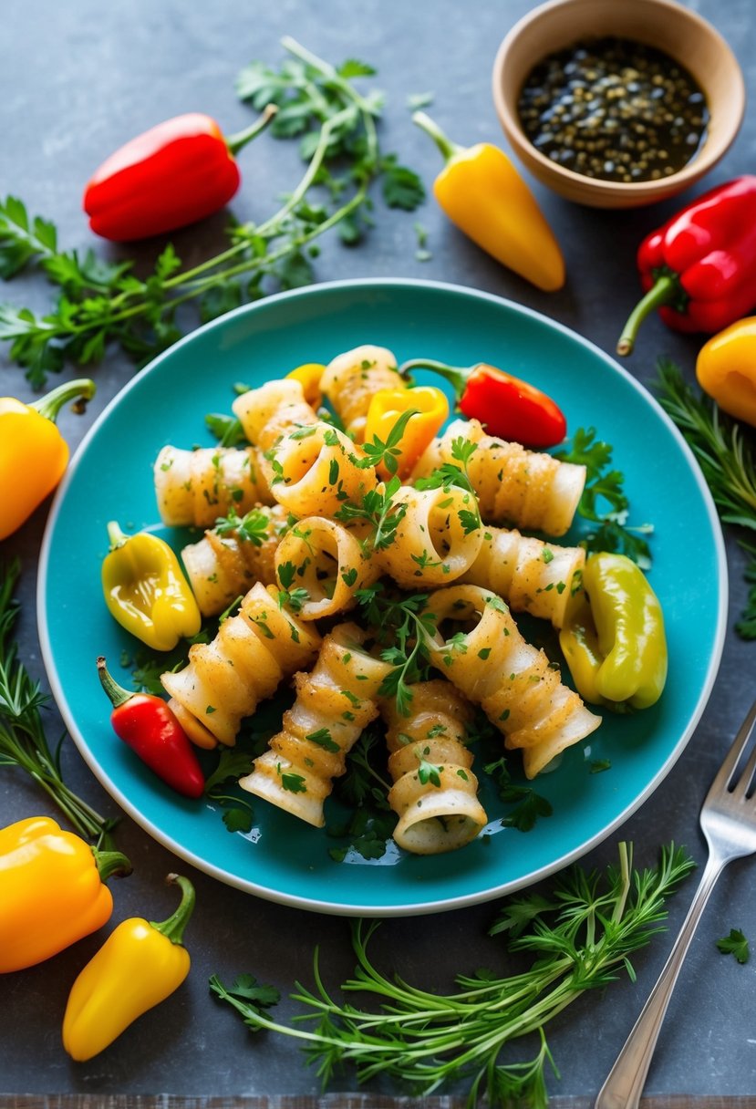 A colorful plate of Herby Calamari with Pickled Peppers, surrounded by fresh herbs and vibrant peppers