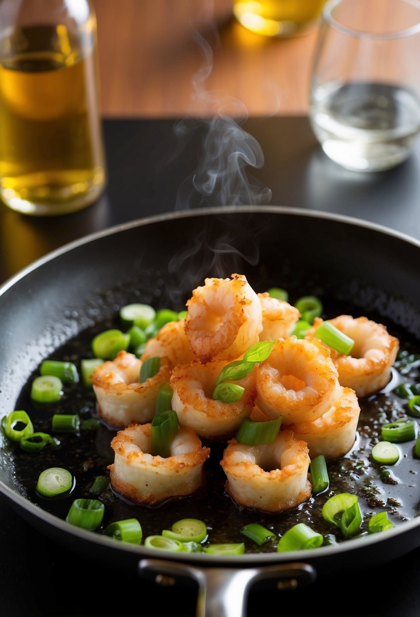 Sizzling calamari and green onions in a hot skillet