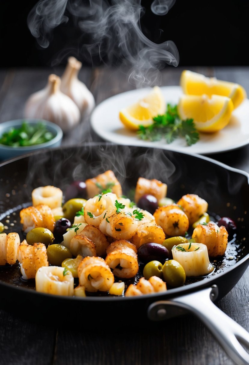 A sizzling skillet of calamari, garlic, and olives, with steam rising and a sprinkle of herbs