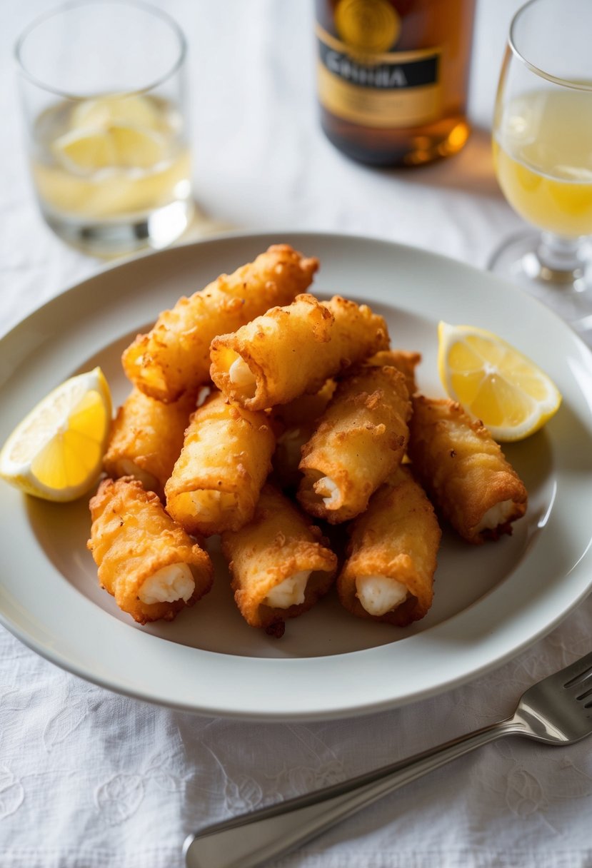 A plate of golden fried calamari with a side of lemon wedges on a white tablecloth