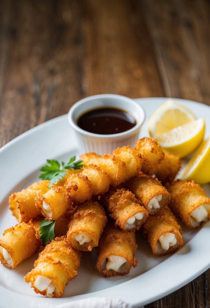 Golden fried calamari arranged on a white plate with a side of dipping sauce and a garnish of lemon wedges