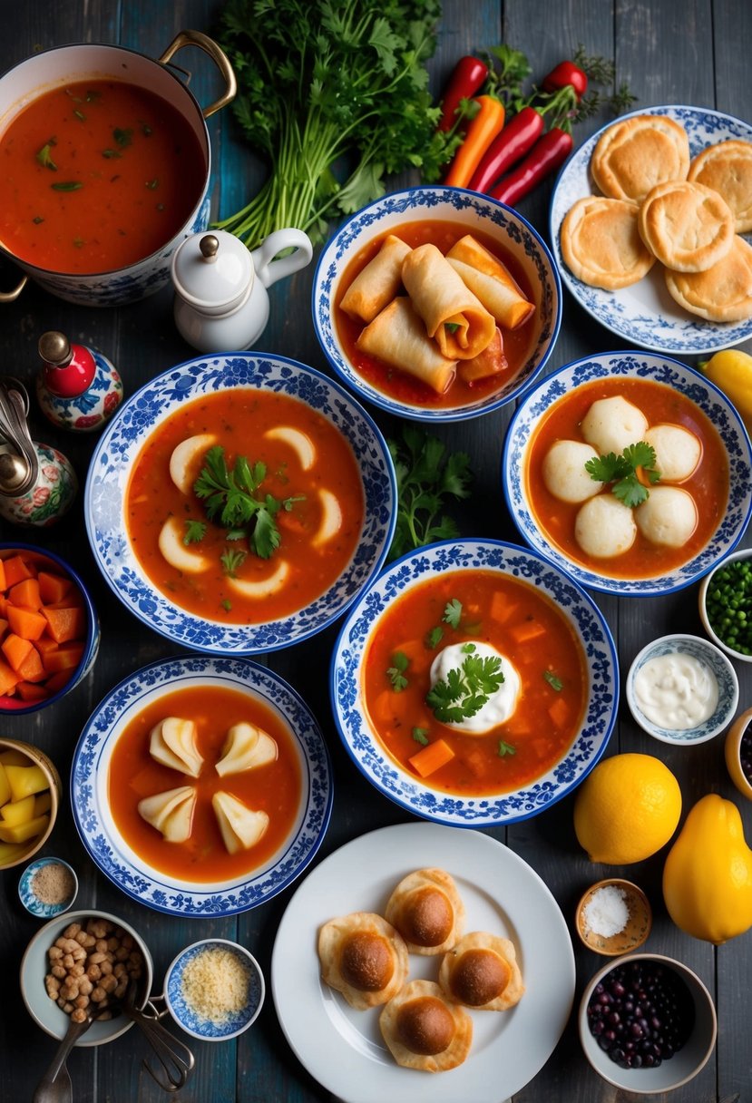 A table set with traditional Russian dishes, including borscht, pelmeni, and blini, surrounded by colorful ingredients and kitchen utensils