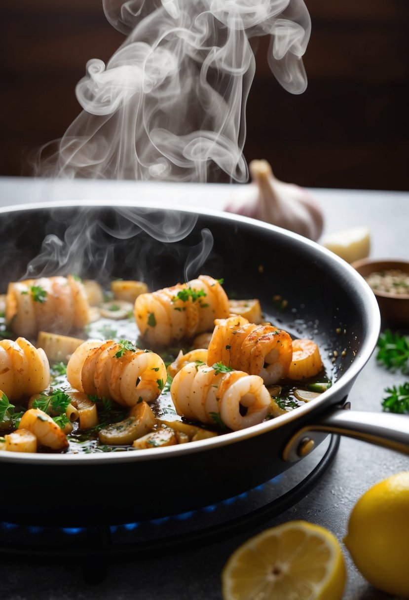 A sizzling pan with sautéed calamari, garlic, and herbs. Steam rises as the seafood cooks in a quick and flavorful two-minute preparation