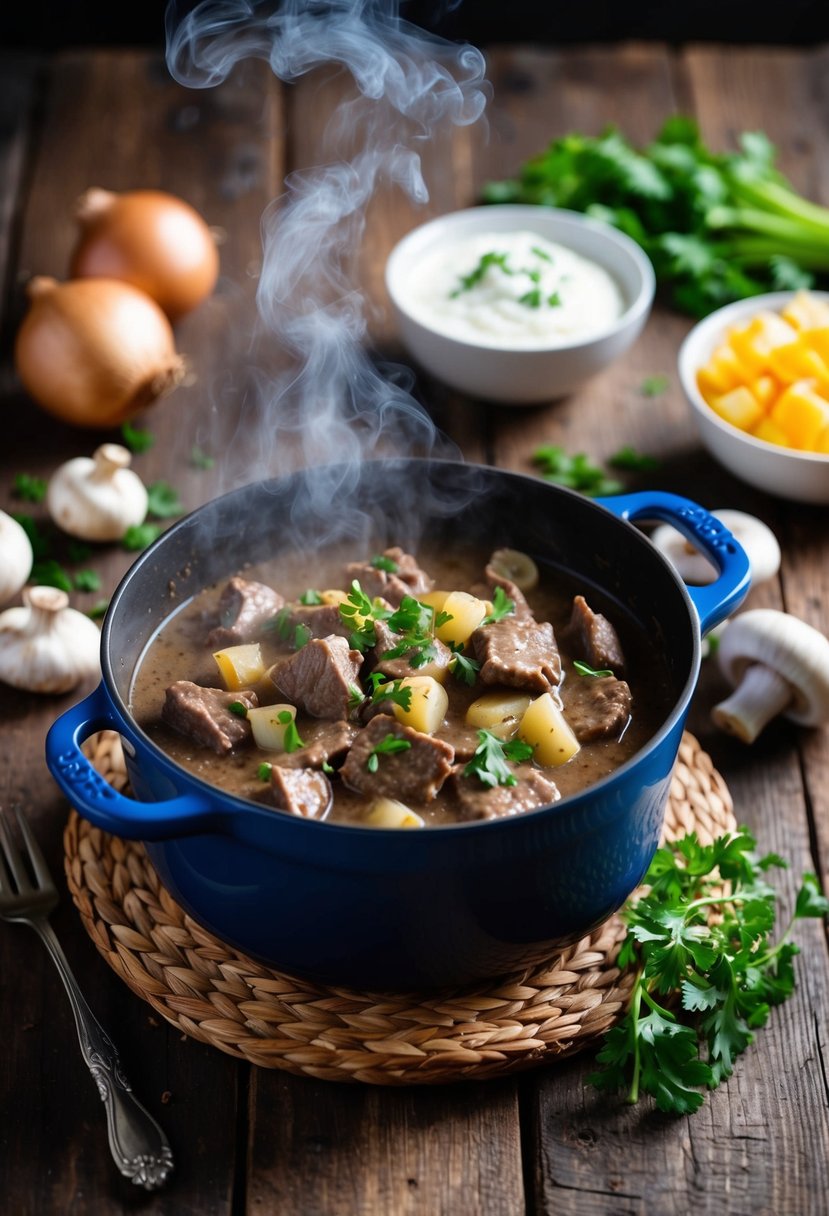 A steaming pot of Beef Stroganoff on a rustic wooden table, surrounded by ingredients like onions, mushrooms, and sour cream