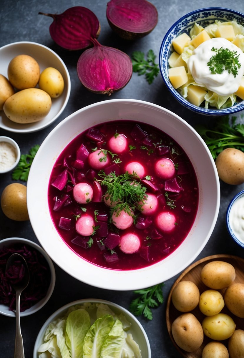 A steaming bowl of borscht surrounded by a spread of traditional Russian ingredients such as beets, potatoes, cabbage, and sour cream