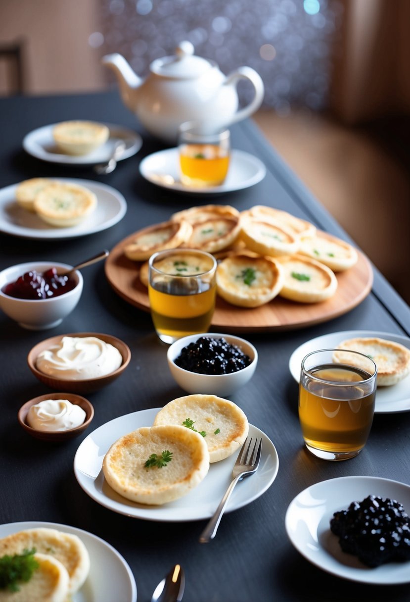 A table set with a variety of blini, accompanied by bowls of sour cream, caviar, and jam. A teapot and glasses of tea complete the scene