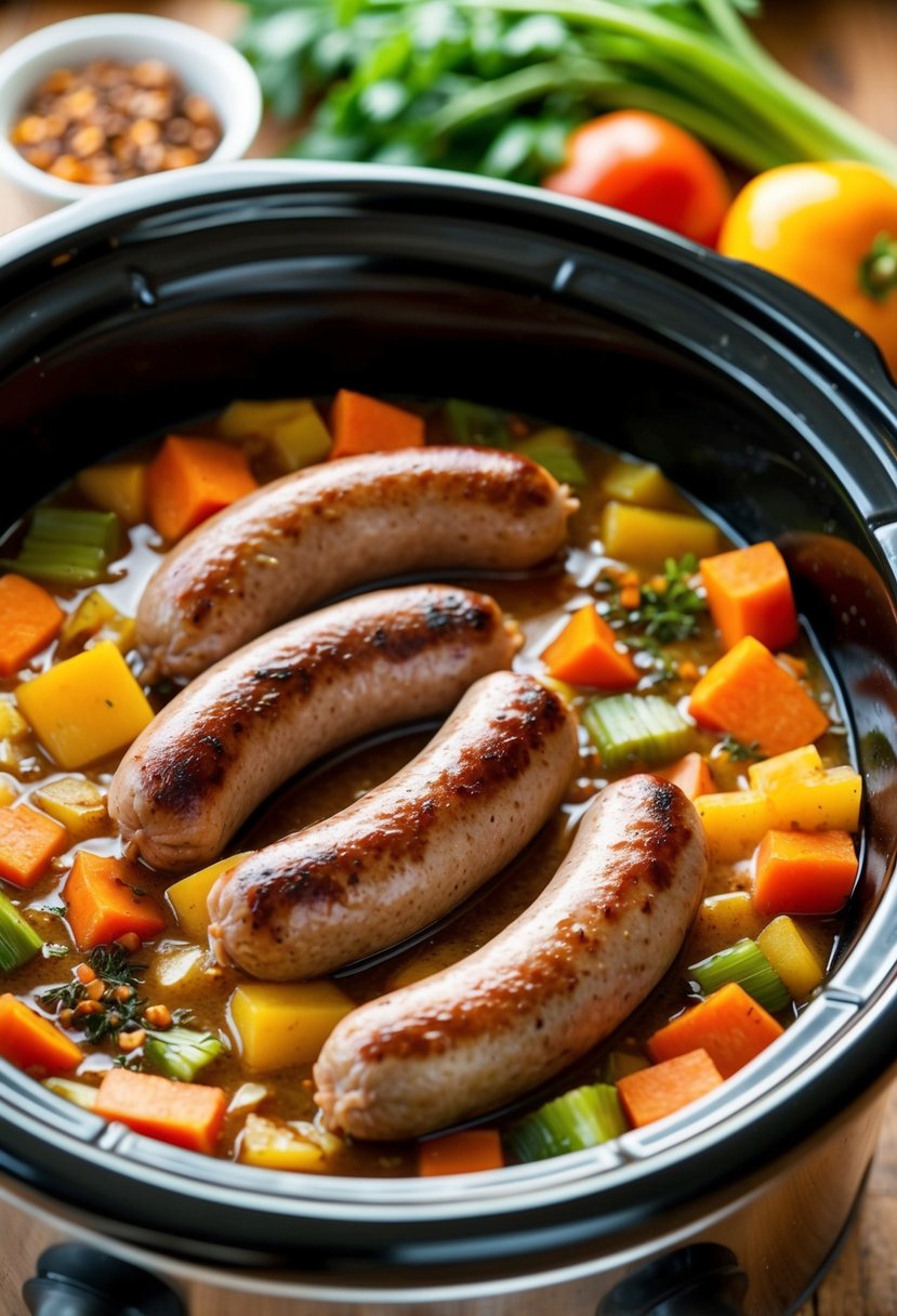 Sizzling sausages simmering in a crockpot with colorful vegetables and savory spices