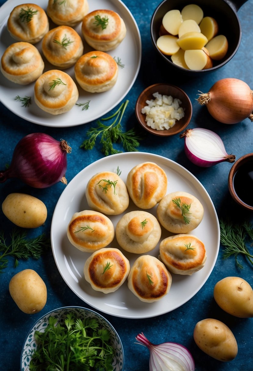 A table set with various piroshki, surrounded by traditional Russian ingredients like potatoes, onions, and dill