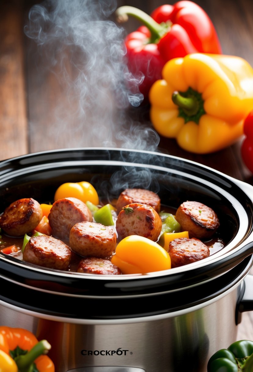 A crockpot filled with sizzling Italian sausages and colorful bell peppers, releasing a mouthwatering aroma