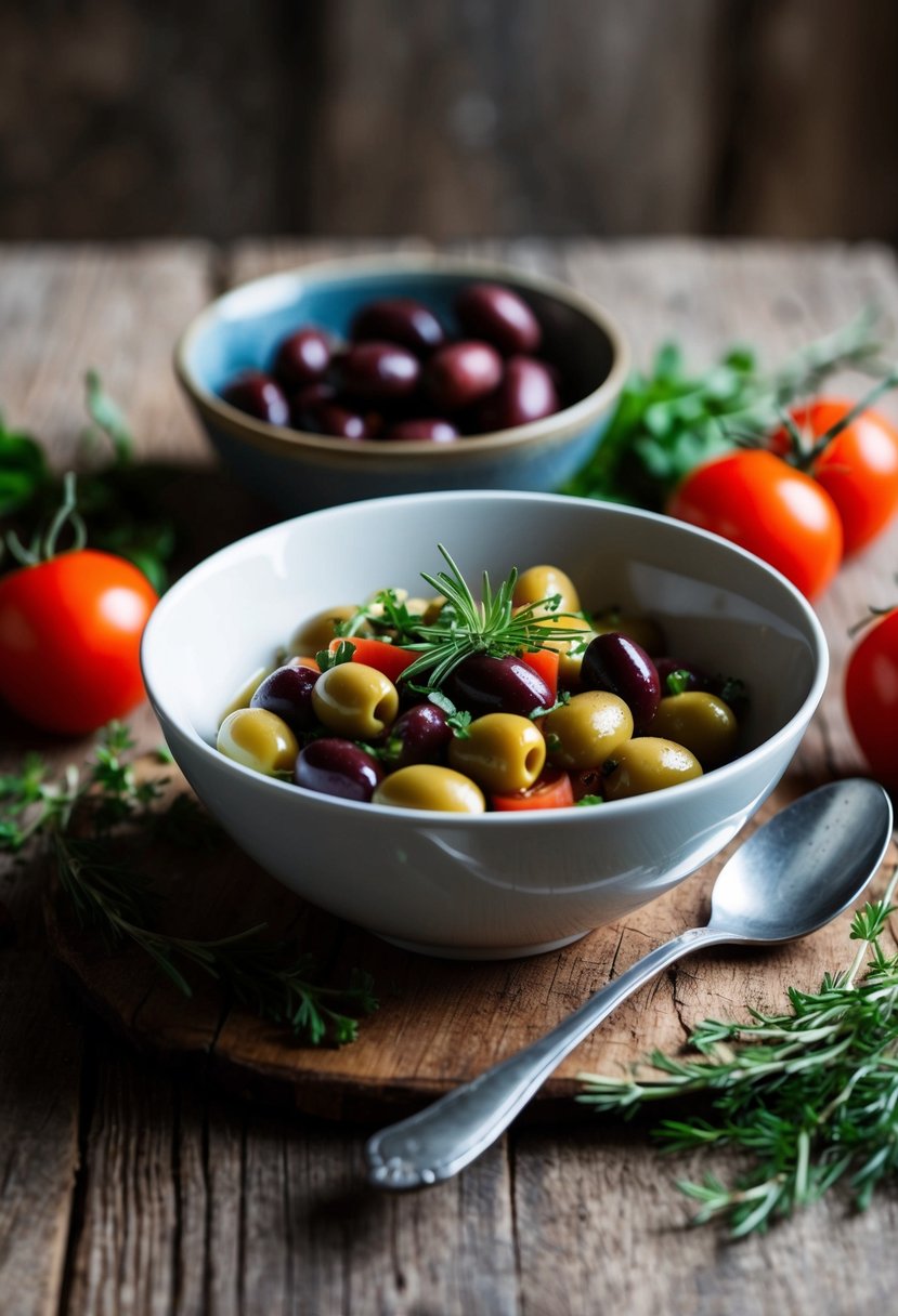 A rustic table set with a bowl of Russian olive salad, surrounded by fresh ingredients like olives, tomatoes, and herbs