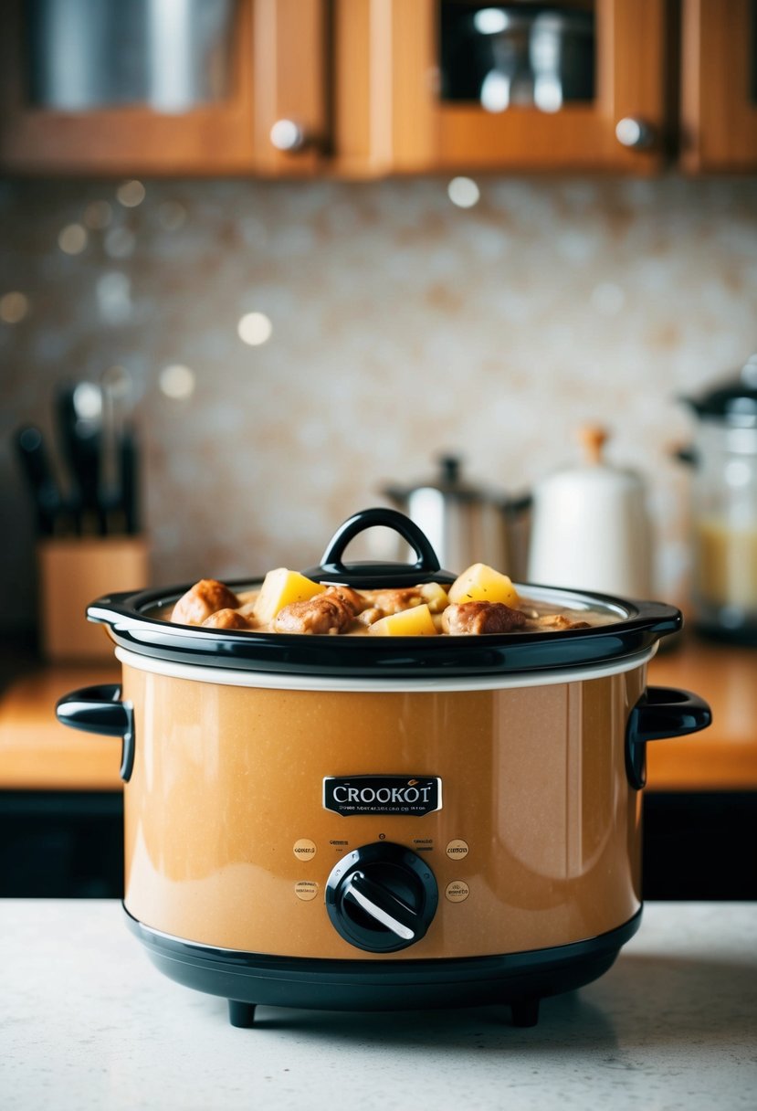 A crockpot filled with creamy sausage and potato stew simmering on a kitchen counter