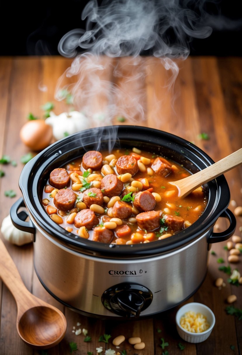 A crockpot filled with bubbling sausage and bean stew, steam rising, surrounded by scattered ingredients and a wooden spoon