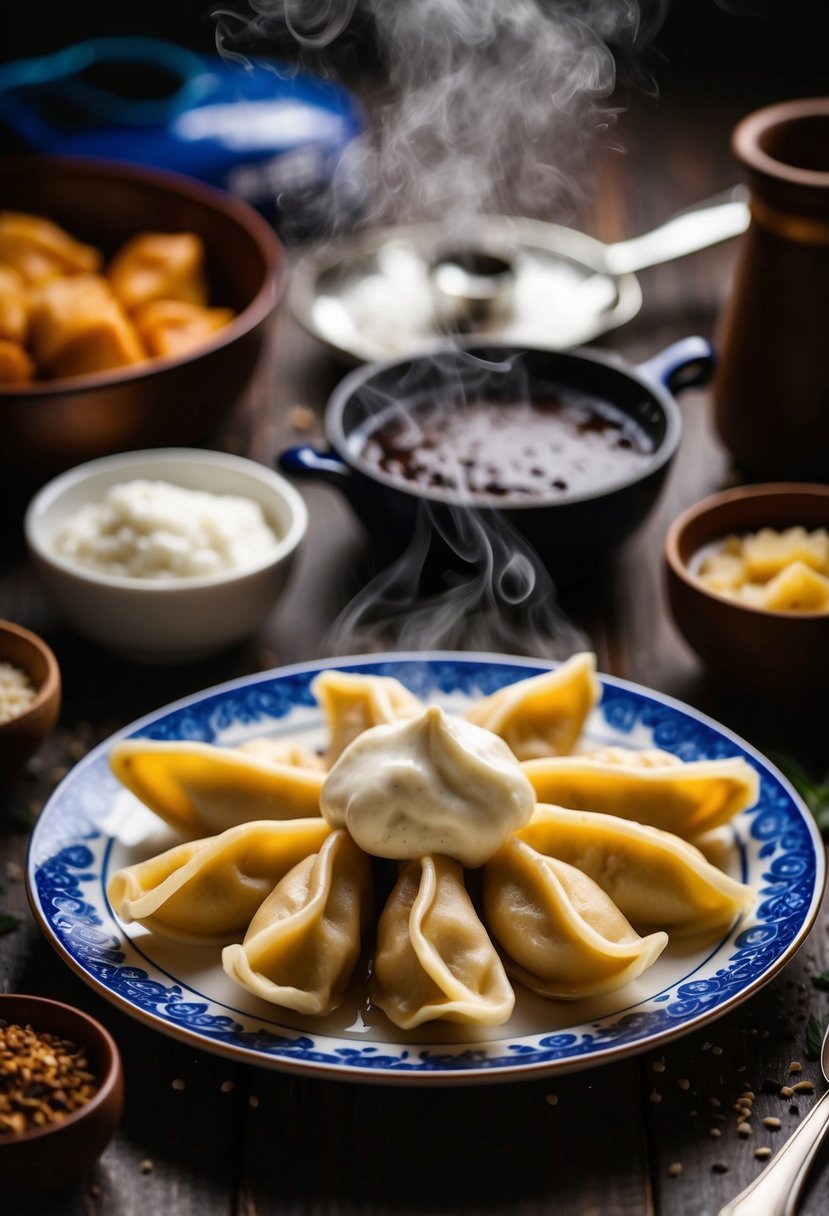 A steaming plate of pelmeni topped with a dollop of smetana, surrounded by traditional Russian ingredients and utensils