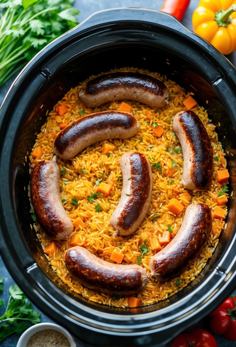 Sizzling Cajun sausages and rice simmering in a crockpot, surrounded by aromatic spices and colorful vegetables