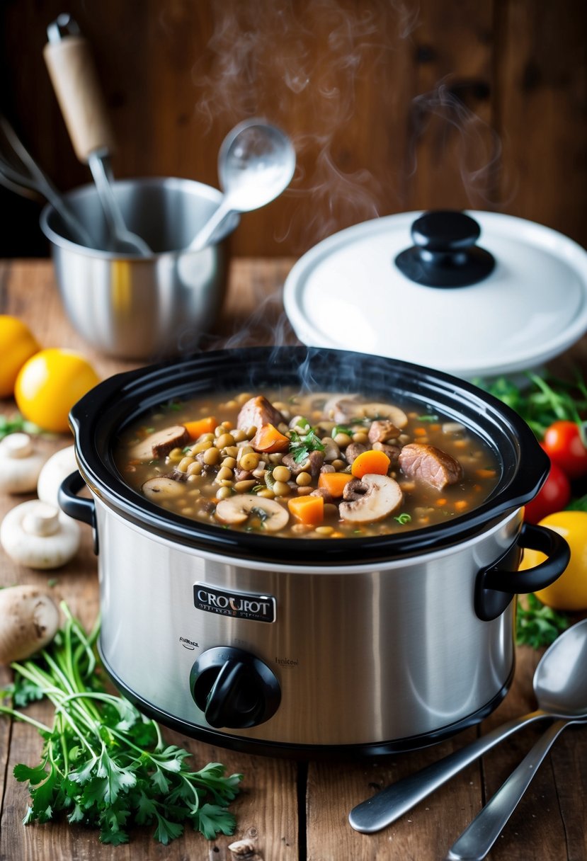 A steaming crockpot filled with hearty sausage, mushroom, and lentil soup, surrounded by rustic kitchen utensils and fresh ingredients