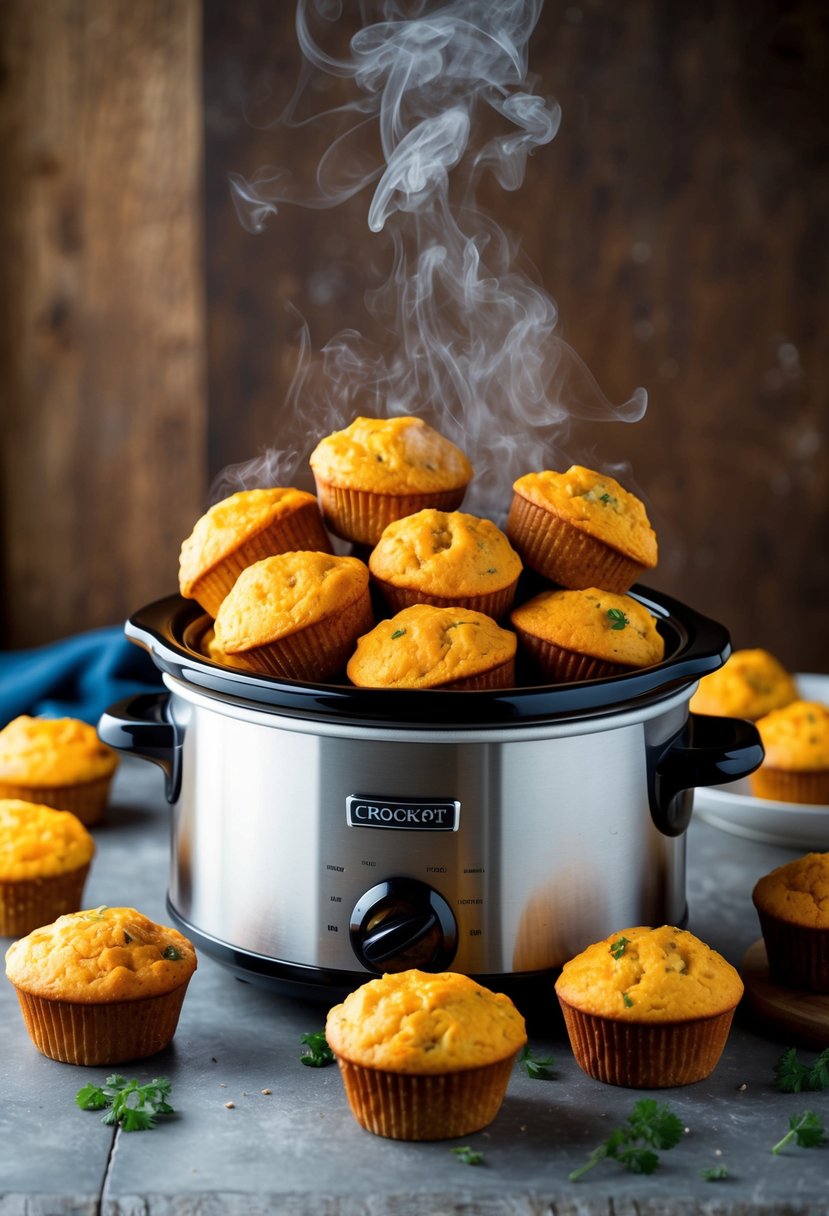 A steaming crockpot filled with spicy sausage and cheddar muffins, surrounded by a rustic kitchen backdrop