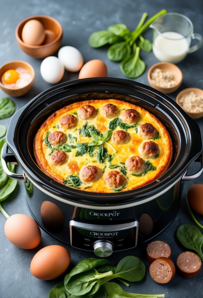 A crockpot filled with a golden-brown sausage and spinach quiche, surrounded by fresh ingredients like eggs, spinach leaves, and sausage links