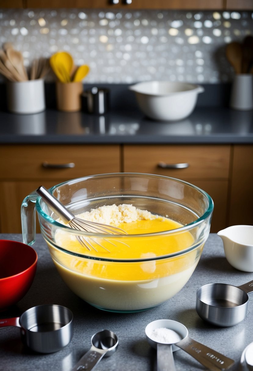 A mixing bowl filled with ingredients for yellow cake, surrounded by measuring cups and spoons on a kitchen counter