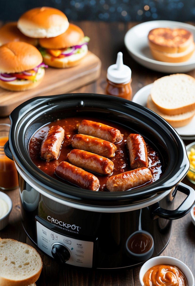 A crockpot filled with sizzling sausage links and barbecue sauce, surrounded by freshly sliced buns and a variety of condiments