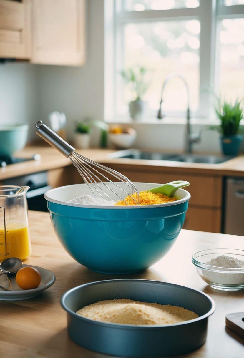 A mixing bowl with ingredients, a whisk, and a cake pan on a kitchen counter