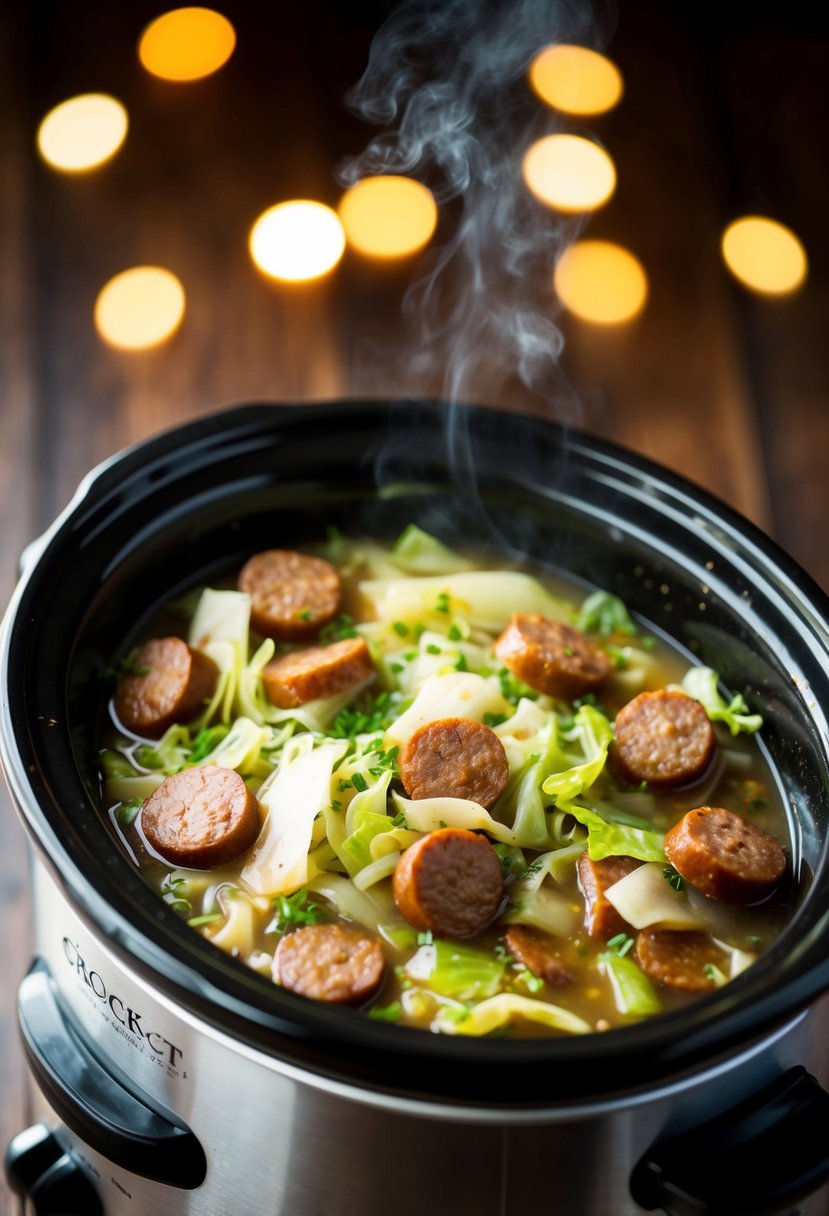 A crockpot filled with simmering sausage and cabbage soup, emitting a savory aroma