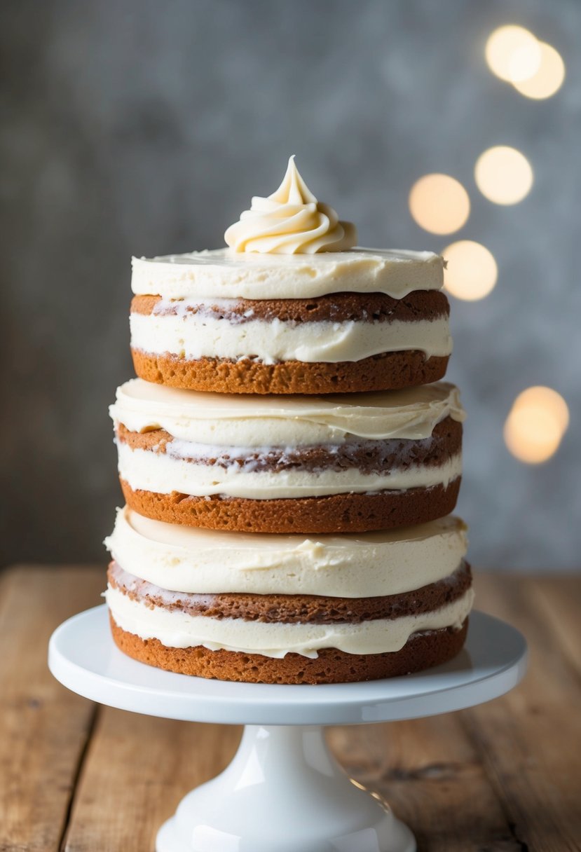 Three fluffy cake layers stacked on a white cake stand, with a dollop of frosting on top