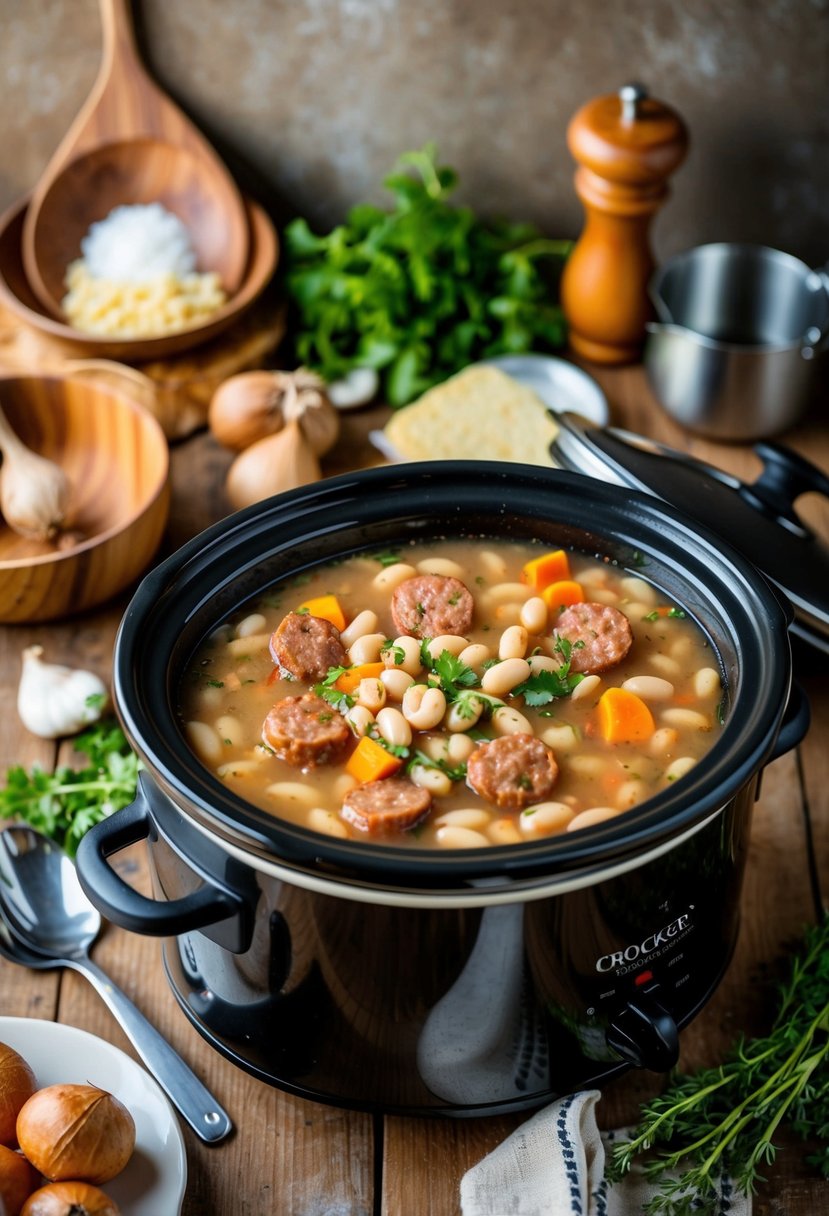 A rustic kitchen with a bubbling crockpot filled with Tuscany Sausage and White Bean Soup, surrounded by fresh ingredients and cooking utensils