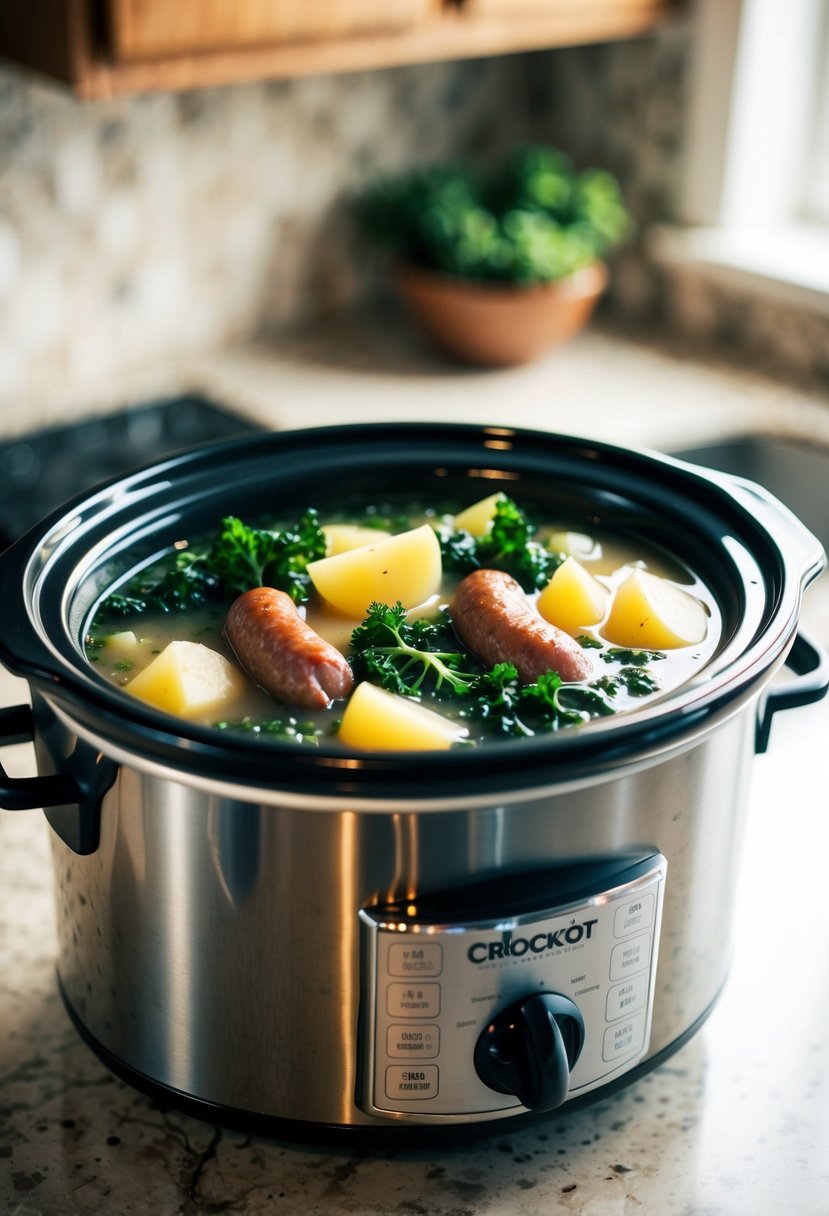 A crockpot filled with sausage, kale, and potato soup simmering on a kitchen counter