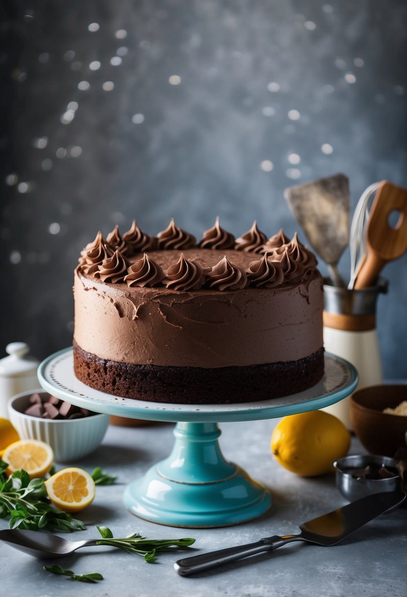 A decadent chocolate buttercream cake sits on a vintage cake stand, surrounded by fresh ingredients and baking utensils