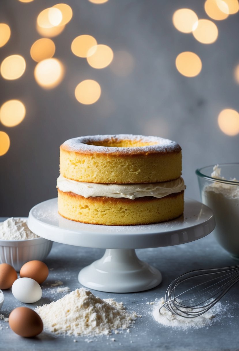 A classic yellow cake sits on a white cake stand, surrounded by scattered ingredients like flour, sugar, and eggs. A mixing bowl and whisk are nearby