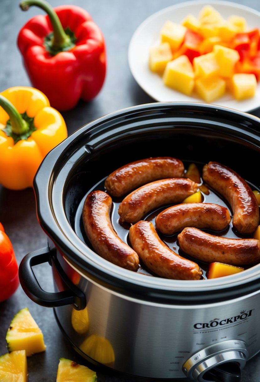 A crockpot filled with sizzling sweet and sour sausages, surrounded by colorful bell peppers and pineapple chunks