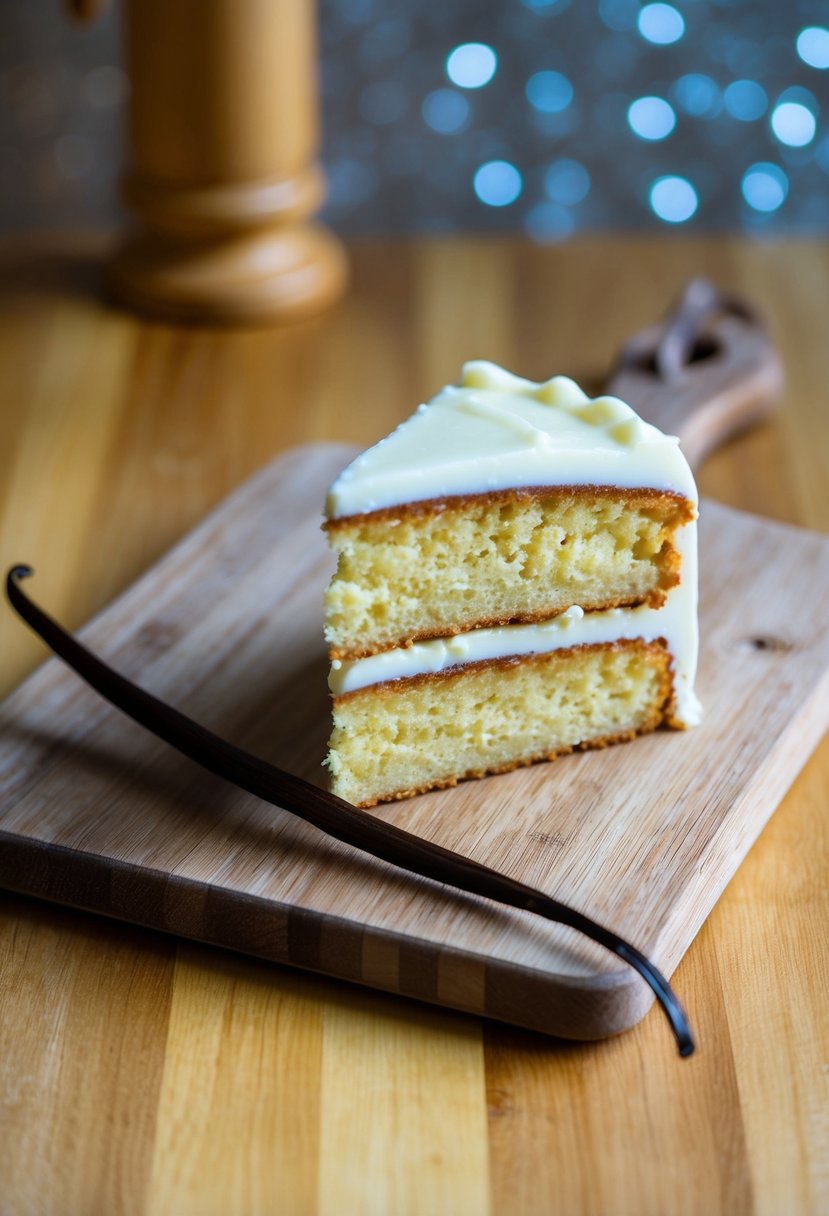 A vanilla bean pod and a slice of yellow cake with vanilla icing on a wooden cutting board