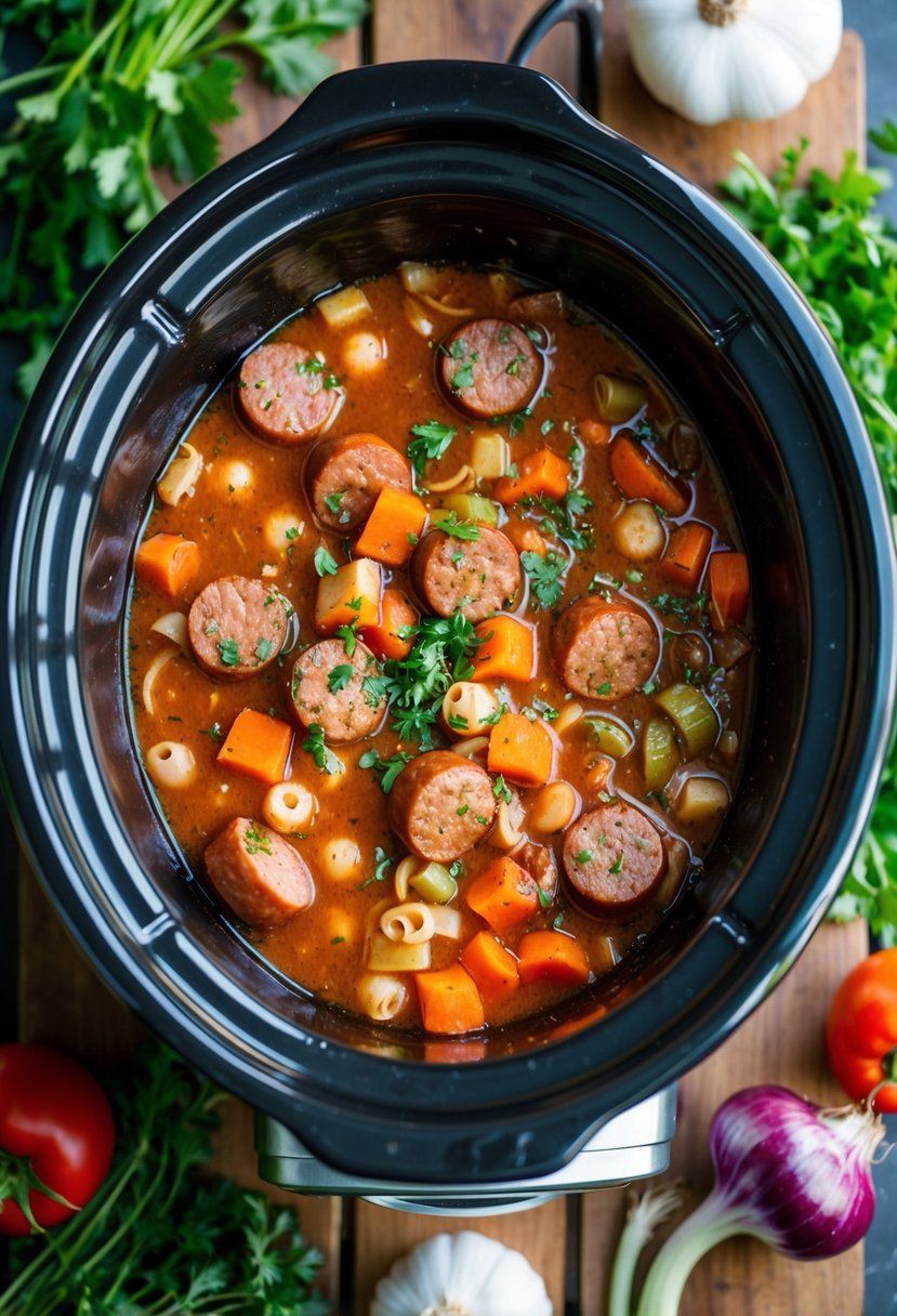 A bubbling crockpot filled with hearty sausage minestrone, surrounded by fresh vegetables and herbs