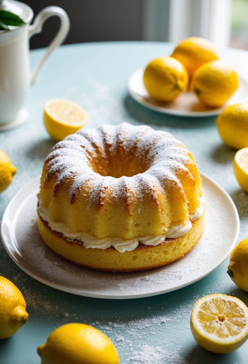 A golden sponge cake sits on a sunlit table, surrounded by fresh lemons and a scattering of powdered sugar