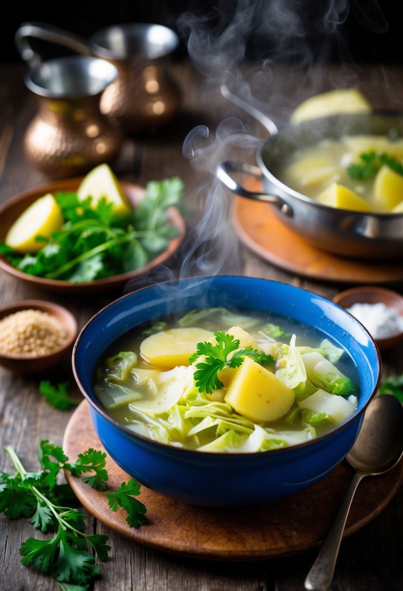 A steaming pot of cabbage and potato soup sits on a rustic wooden table, surrounded by fresh ingredients and traditional Russian cookware