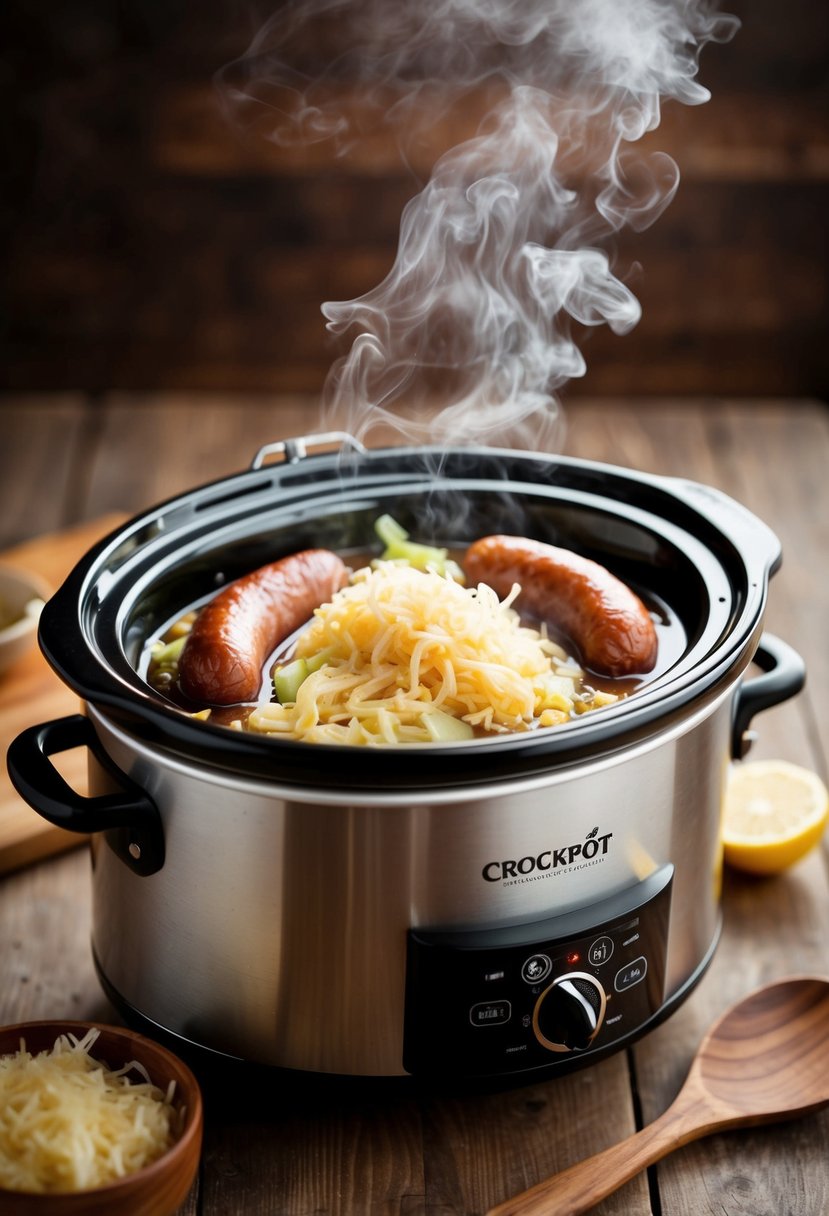 A crockpot simmering with German sausages and sauerkraut, emitting a savory aroma