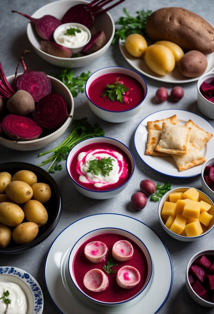 A table set with traditional Russian dishes, including borscht, pelmeni, and blini, surrounded by colorful ingredients like beets, potatoes, and sour cream