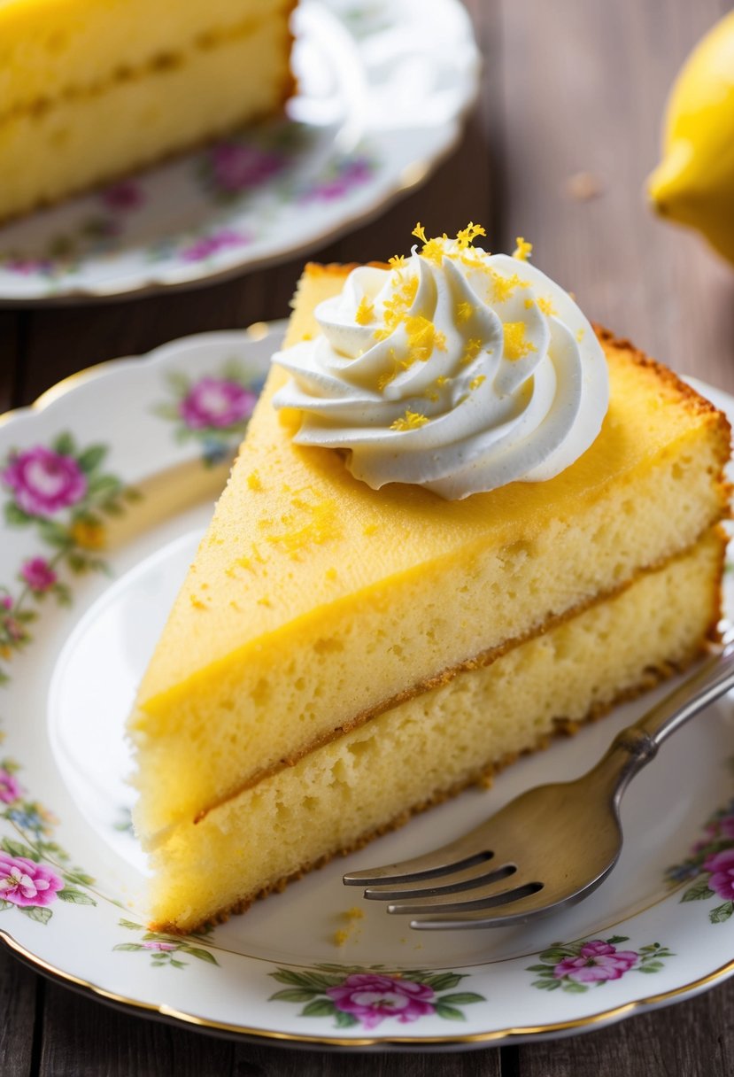 A slice of golden yellow cake sits on a vintage floral plate, with a dollop of whipped cream and a sprinkle of lemon zest on top