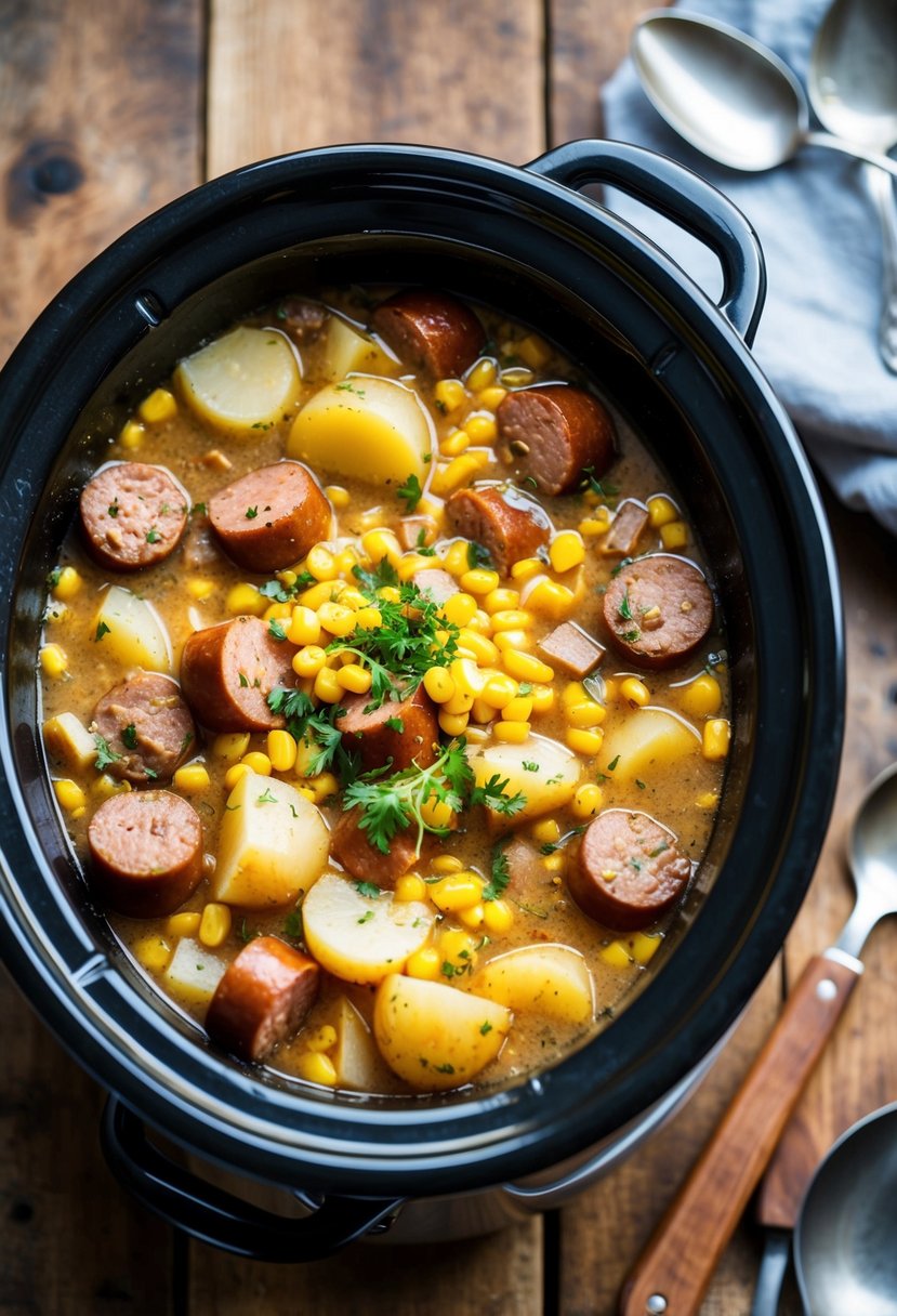 A rustic crockpot simmering with sausage and corn chowder. Onions, potatoes, and herbs add to the savory aroma