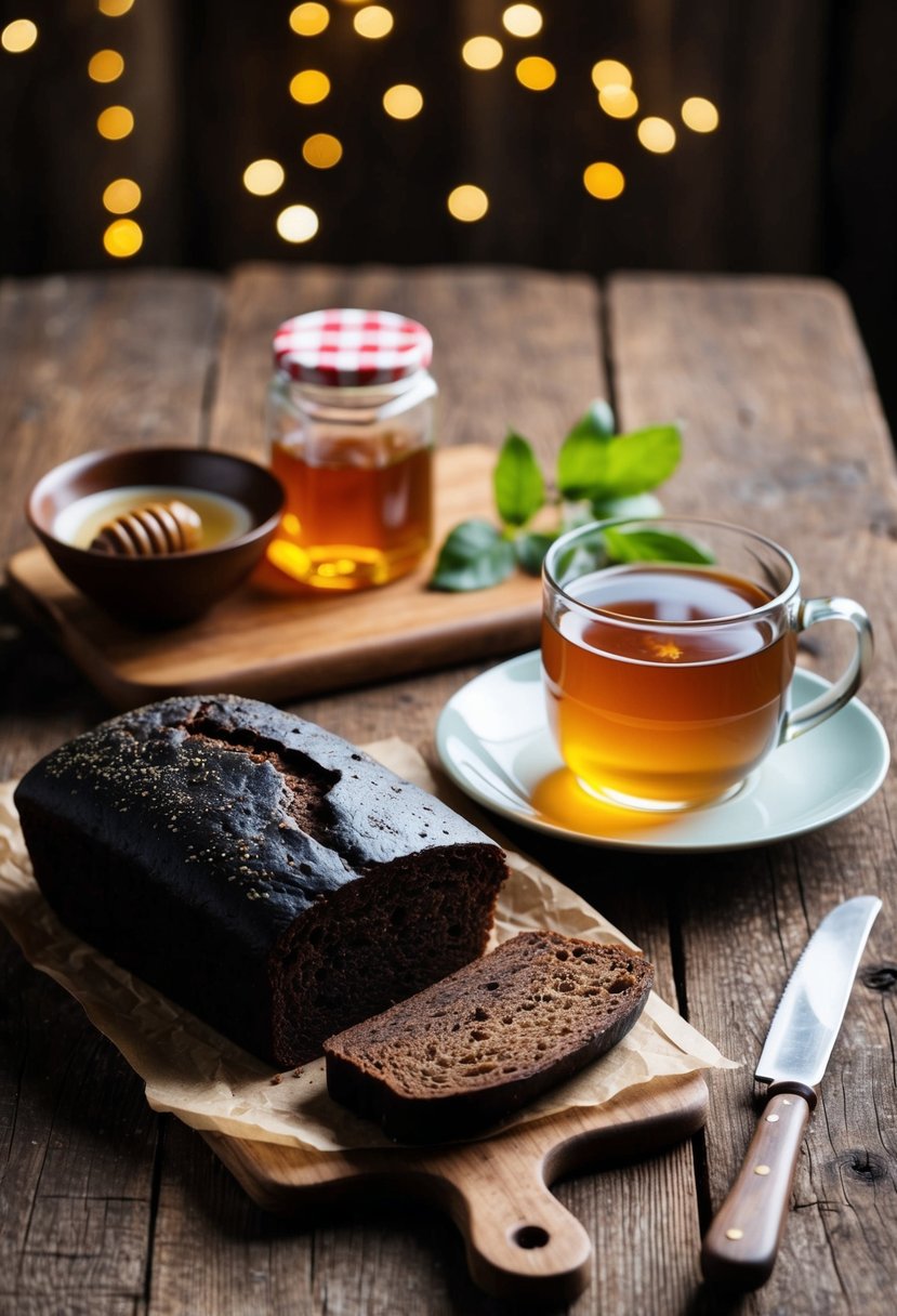 A rustic kitchen table with a loaf of Russian black bread, a jar of honey, and a cup of strong tea